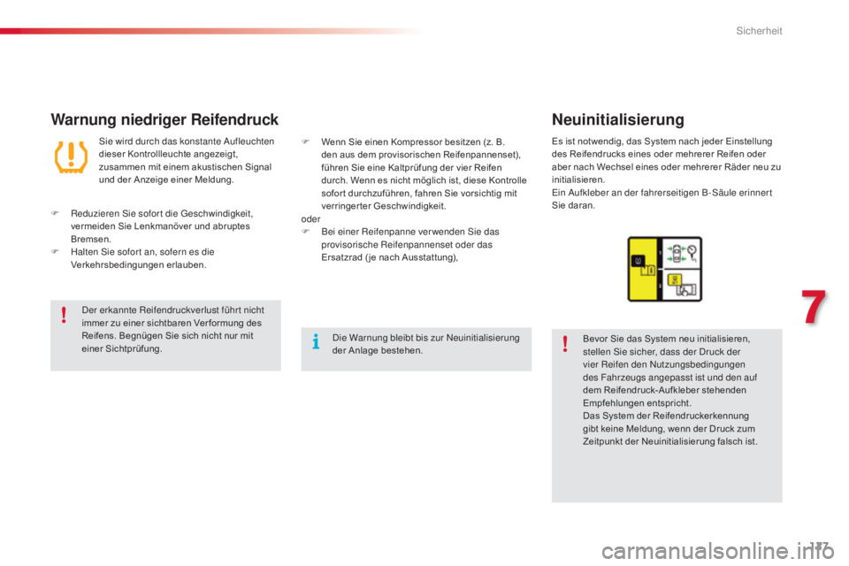 CITROEN C4 CACTUS 2015  Betriebsanleitungen (in German) 127
C4-cactus_de_Chap07_securite_ed02-2014
Warnung niedriger ReifendruckNeuinitialisierung
Bevor Sie das System neu initialisieren, 
stellen 
si e sicher, dass der  dr uck der 
vier Reifen den 
n
u
 t