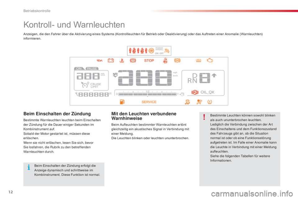 CITROEN C4 CACTUS 2015  Betriebsanleitungen (in German) 12
Kontroll- und Warnleuchten
Bestimmte Leuchten können sowohl blinken 
als auch ununterbrochen leuchten.
le
diglich die Verbindung zwischen der  a
r
 t 
des Einschaltens und dem Funktionszustand 
de