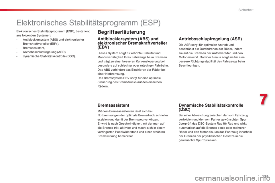 CITROEN C4 CACTUS 2015  Betriebsanleitungen (in German) 129
C4-cactus_de_Chap07_securite_ed02-2014
Elektronisches Stabilitätsprogramm (ESP), bestehend 
aus folgenden Systemen:
- 
A
 ntiblockiersystem (ABS) und elektronischer 
Bremskraftverteiler (EBV),
-
