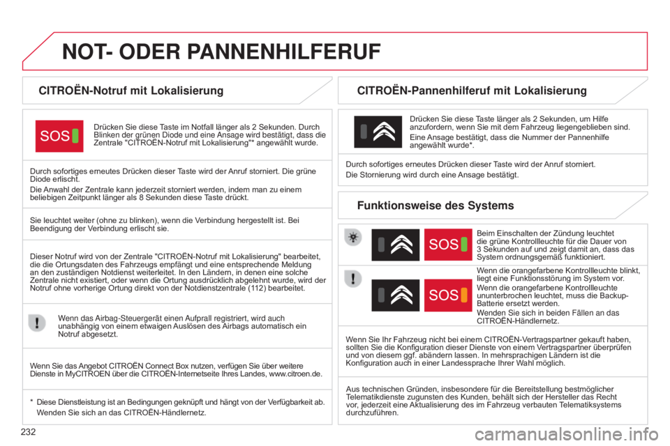 CITROEN C4 CACTUS 2015  Betriebsanleitungen (in German) 232
C4-Cactus_de_Chap12a_Bta_ed02-2014
NOT- ODER  PANNENHILFERUF
CITROËN-Notruf mit Lokalisierung
Drücken Sie diese Taste im Notfall länger als 2 Sekunden. Durch 
Blinken der grünen  d iode und ei