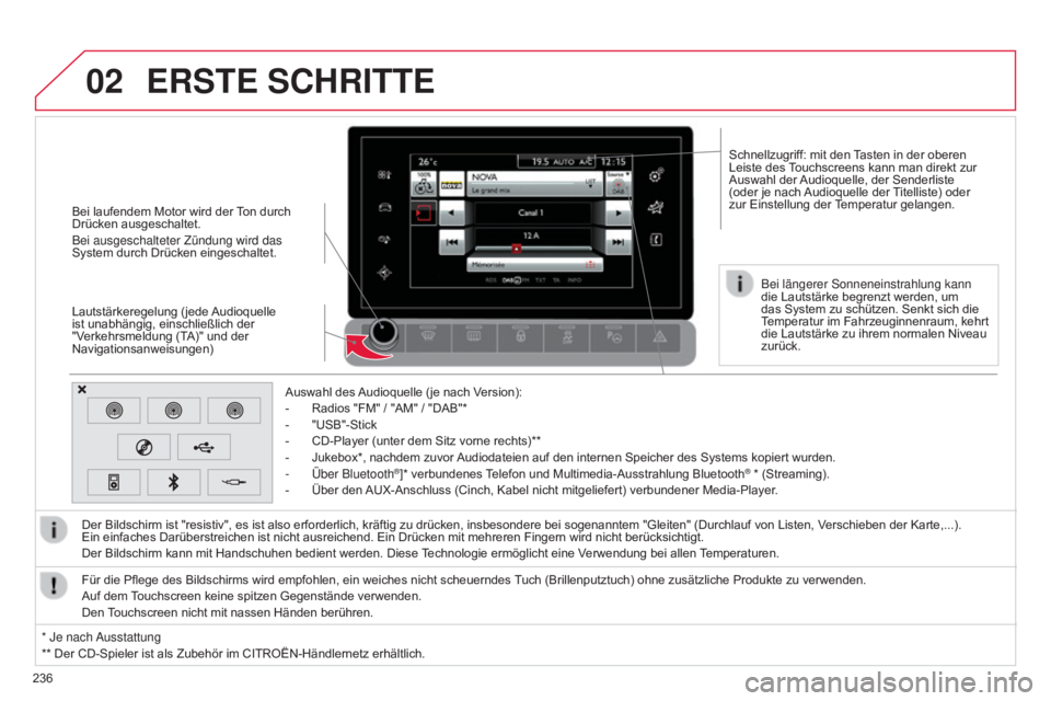 CITROEN C4 CACTUS 2015  Betriebsanleitungen (in German) 02
236Auswahl des Audioquelle (je nach Version):
-
 
Radios "FM" / "AM" / "DAB"*
-
  
"USB"-Stick
-
  
CD-Player (unter dem Sitz vorne rechts)**
-
  
Jukebox*, nachdem 