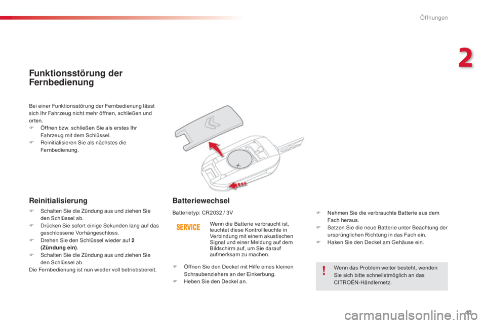 CITROEN C4 CACTUS 2015 Betriebsanleitungen (in German) 41
C4-cactus_de_Chap02_ouvertures_ed02-2014
Wenn das Problem weiter besteht, wenden
Sie sich bitte schnellstmöglich an das
CITROËN-Händlernetz.
Wenn die Batterie verbraucht ist,
leuchtet diese K CITROEN C4 CACTUS 2015 Betriebsanleitungen (in German) 41
C4-cactus_de_Chap02_ouvertures_ed02-2014
Wenn das Problem weiter besteht, wenden
Sie sich bitte schnellstmöglich an das
CITROËN-Händlernetz.
Wenn die Batterie verbraucht ist,
leuchtet diese K