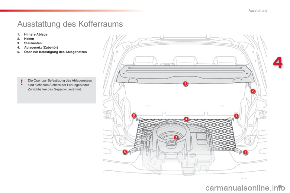 CITROEN C4 CACTUS 2015  Betriebsanleitungen (in German) 75
C4-cactus_de_Chap04_amenagements_ed02-2014
Ausstattung des Kofferraums
1. Hintere Ablage
2. Hak en
3.
 St

aukasten
4.
 A

blagenetz (Zubehör)
5.
 Ö

sen zur Befestigung des Ablagenetzes
di

e Ö