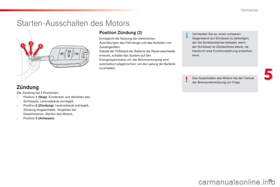 CITROEN C4 CACTUS 2015  Betriebsanleitungen (in German) 79
C4-cactus_de_Chap05_conduite_ed02-2014
starten-ausschalten des Motors
Die Zündung hat 3 Positionen:
-  P osition 1   (Stop): Einstecken und Abziehen des 
sc

hlüssels,  l
e
 nkradsäule verriegel
