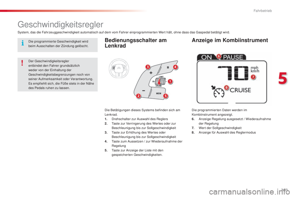 CITROEN C4 CACTUS 2014 Betriebsanleitungen (in German) 101
E3_de_Chap05_conduite_ed01-2014
Bedienungsschalter am
Lenkrad
Die programmierten Daten werden im
Kombiinstrument angezeigt.
6.
A
nzeige Regelung ausgesetzt / Wiederaufnahme
der Regelung
7. CITROEN C4 CACTUS 2014 Betriebsanleitungen (in German) 101
E3_de_Chap05_conduite_ed01-2014
Bedienungsschalter am
Lenkrad
Die programmierten Daten werden im
Kombiinstrument angezeigt.
6.
A
nzeige Regelung ausgesetzt / Wiederaufnahme
der Regelung
7.