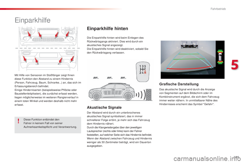 CITROEN C4 CACTUS 2014 Betriebsanleitungen (in German) 105
E3_de_Chap05_conduite_ed01-2014
Mit Hilfe von Sensoren im Stoßfänger zeigt Ihnen
diese Funktion den Abstand zu einem Hindernis
(Person, Fahrzeug, Baum, Schranke...) an, das sich im
Erfassungs CITROEN C4 CACTUS 2014 Betriebsanleitungen (in German) 105
E3_de_Chap05_conduite_ed01-2014
Mit Hilfe von Sensoren im Stoßfänger zeigt Ihnen
diese Funktion den Abstand zu einem Hindernis
(Person, Fahrzeug, Baum, Schranke...) an, das sich im
Erfassungs