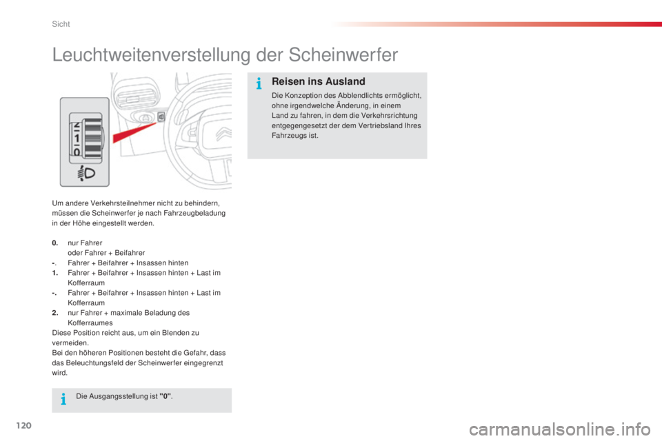 CITROEN C4 CACTUS 2014 Betriebsanleitungen (in German) 120
E3_de_Chap06_visibilite_ed01-2014
Leuchtweitenverstellung der Scheinwerfer
Um andere Verkehrsteilnehmer nicht zu behindern,
müssen die Scheinwerfer je nach Fahrzeugbeladung
in der Höhe eingest CITROEN C4 CACTUS 2014 Betriebsanleitungen (in German) 120
E3_de_Chap06_visibilite_ed01-2014
Leuchtweitenverstellung der Scheinwerfer
Um andere Verkehrsteilnehmer nicht zu behindern,
müssen die Scheinwerfer je nach Fahrzeugbeladung
in der Höhe eingest