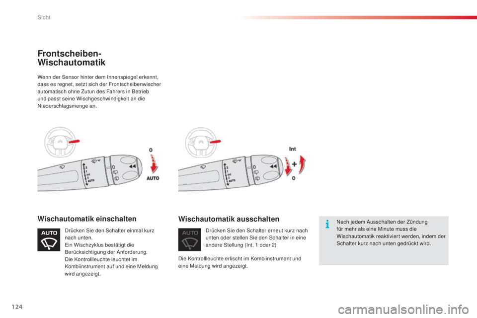CITROEN C4 CACTUS 2014 Betriebsanleitungen (in German) 124
E3_de_Chap06_visibilite_ed01-2014
Wenn der Sensor hinter dem Innenspiegel erkennt,
dass es regnet, setzt sich der Frontscheibenwischer
automatisch ohne Zutun des Fahrers in Betrieb
und passt se CITROEN C4 CACTUS 2014 Betriebsanleitungen (in German) 124
E3_de_Chap06_visibilite_ed01-2014
Wenn der Sensor hinter dem Innenspiegel erkennt,
dass es regnet, setzt sich der Frontscheibenwischer
automatisch ohne Zutun des Fahrers in Betrieb
und passt se