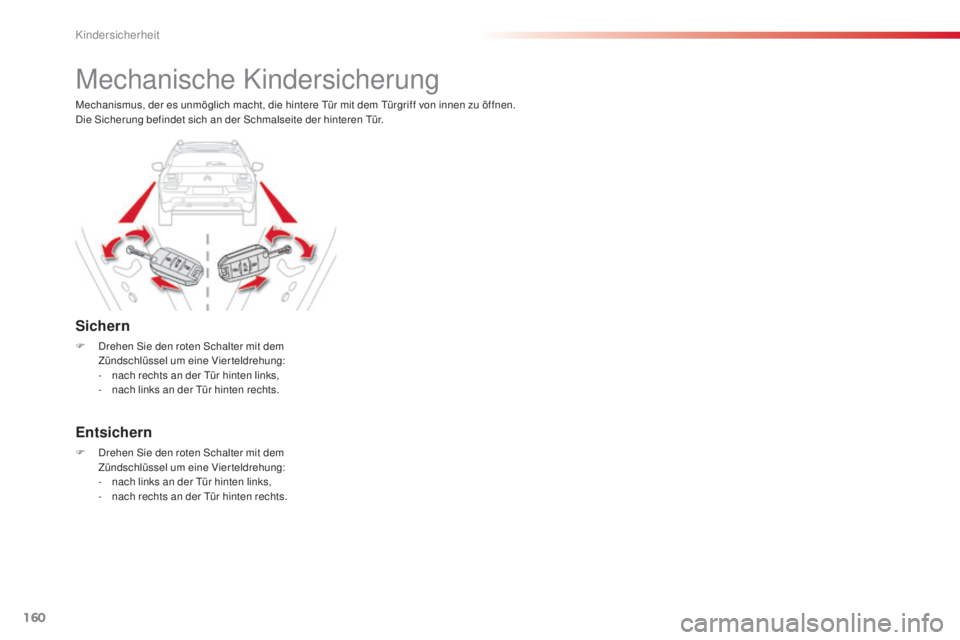 CITROEN C4 CACTUS 2014 Betriebsanleitungen (in German) 160
E3_de_Chap08_securite_enfants_ed01-2014
Mechanische Kindersicherung
Sichern
F Drehen Sie den roten Schalter mit dem Zündschlüssel um eine Vierteldrehung:
-
n
ach rechts an der Tür hinten lin CITROEN C4 CACTUS 2014 Betriebsanleitungen (in German) 160
E3_de_Chap08_securite_enfants_ed01-2014
Mechanische Kindersicherung
Sichern
F Drehen Sie den roten Schalter mit dem Zündschlüssel um eine Vierteldrehung:
-
n
ach rechts an der Tür hinten lin