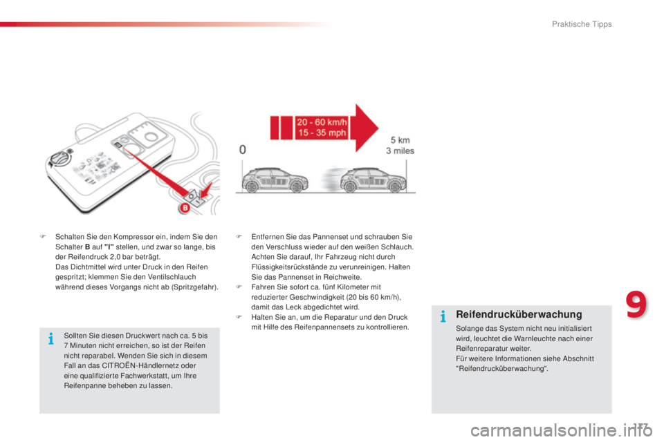 CITROEN C4 CACTUS 2014 Betriebsanleitungen (in German) 177
E3_de_Chap09_info_pratiques_ed01-2014
F Schalten Sie den Kompressor ein, indem Sie den Schalter B auf "I" stellen, und zwar so lange, bis
der Reifendruck 2,0
bar beträgt.
D
as Dicht CITROEN C4 CACTUS 2014 Betriebsanleitungen (in German) 177
E3_de_Chap09_info_pratiques_ed01-2014
F Schalten Sie den Kompressor ein, indem Sie den Schalter B auf "I" stellen, und zwar so lange, bis
der Reifendruck 2,0
bar beträgt.
D
as Dicht
