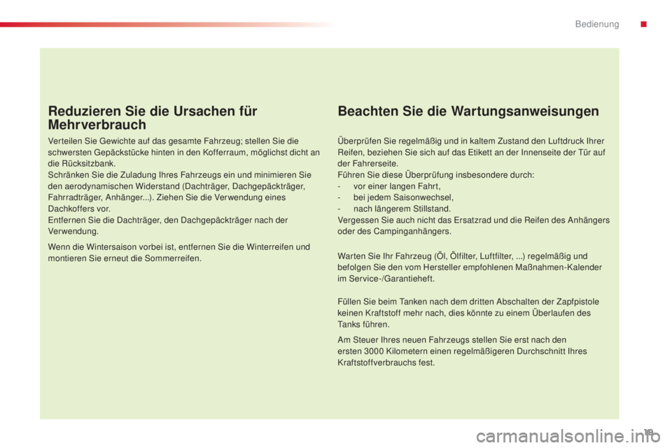 CITROEN C4 CACTUS 2014  Betriebsanleitungen (in German) 19
E3_de_Chap00b_prise-en-main_ed01-2014
Reduzieren Sie die Ursachen für 
Mehrverbrauch
Verteilen Sie Gewichte auf das gesamte Fahrzeug; stellen Sie die 
schwersten Gepäckstücke hinten in den Koffe