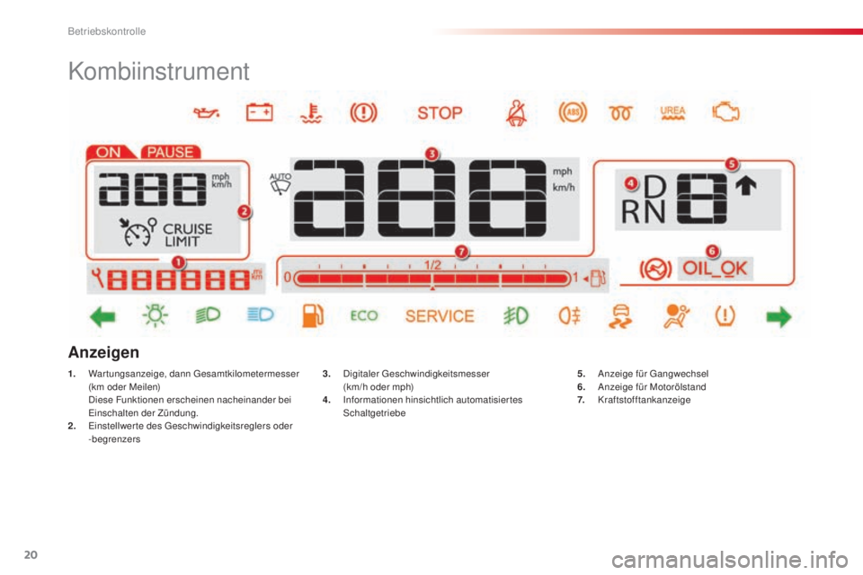 CITROEN C4 CACTUS 2014  Betriebsanleitungen (in German) 20
Kombiinstrument
1. Wartungsanzeige, dann Gesamtkilometermesser (km oder Meilen)
 D

iese Funktionen erscheinen nacheinander bei 
Einschalten der Zündung.
2.
 E

instellwerte des Geschwindigkeitsre