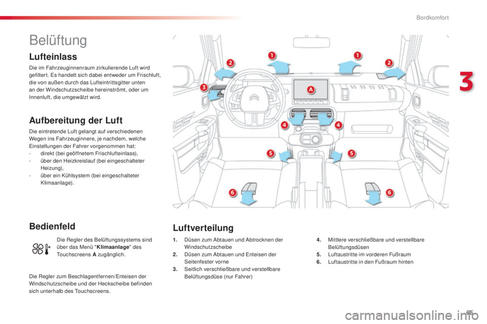 CITROEN C4 CACTUS 2014 Betriebsanleitungen (in German) 65
E3_de_Chap03_confort_ed01-2014
Belüftung
Lufteinlass
Die im Fahrzeuginnenraum zirkulierende Luft wird
gefilter t. Es handelt sich dabei entweder um Frischluft,
die von außen durch das Lufteintr CITROEN C4 CACTUS 2014 Betriebsanleitungen (in German) 65
E3_de_Chap03_confort_ed01-2014
Belüftung
Lufteinlass
Die im Fahrzeuginnenraum zirkulierende Luft wird
gefilter t. Es handelt sich dabei entweder um Frischluft,
die von außen durch das Lufteintr