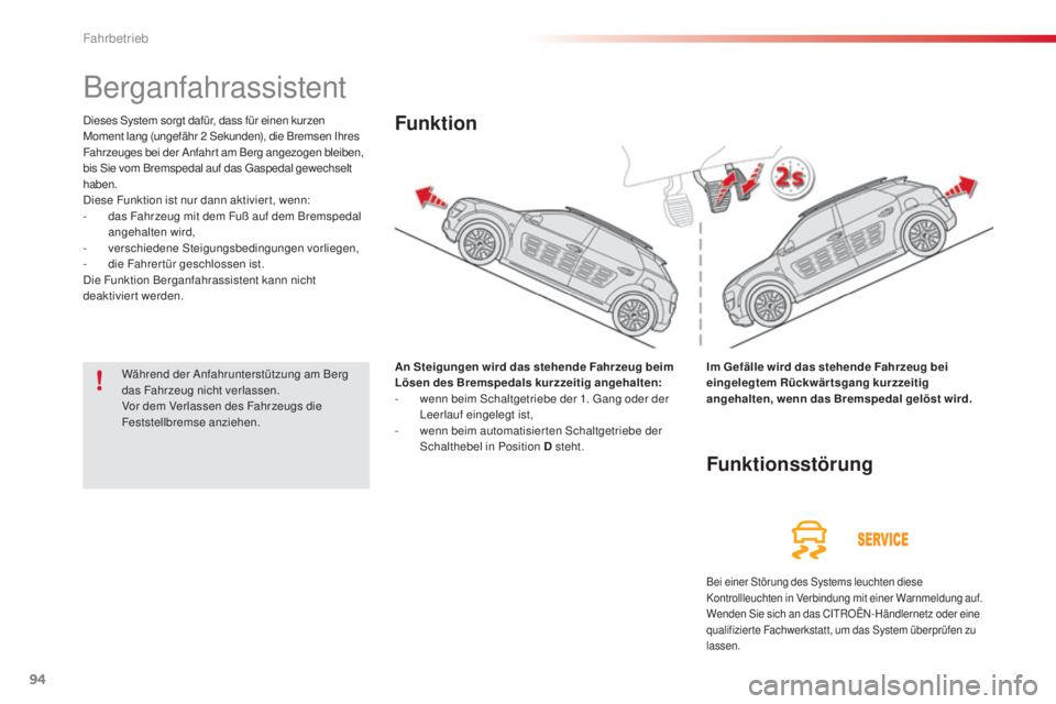 CITROEN C4 CACTUS 2014 Betriebsanleitungen (in German) 94
E3_de_Chap05_conduite_ed01-2014
Berganfahrassistent
Dieses System sorgt dafür, dass für einen kurzen
Moment lang (ungefähr 2 Sekunden), die Bremsen Ihres
Fahrzeuges bei der Anfahr t am Berg an CITROEN C4 CACTUS 2014 Betriebsanleitungen (in German) 94
E3_de_Chap05_conduite_ed01-2014
Berganfahrassistent
Dieses System sorgt dafür, dass für einen kurzen
Moment lang (ungefähr 2 Sekunden), die Bremsen Ihres
Fahrzeuges bei der Anfahr t am Berg an