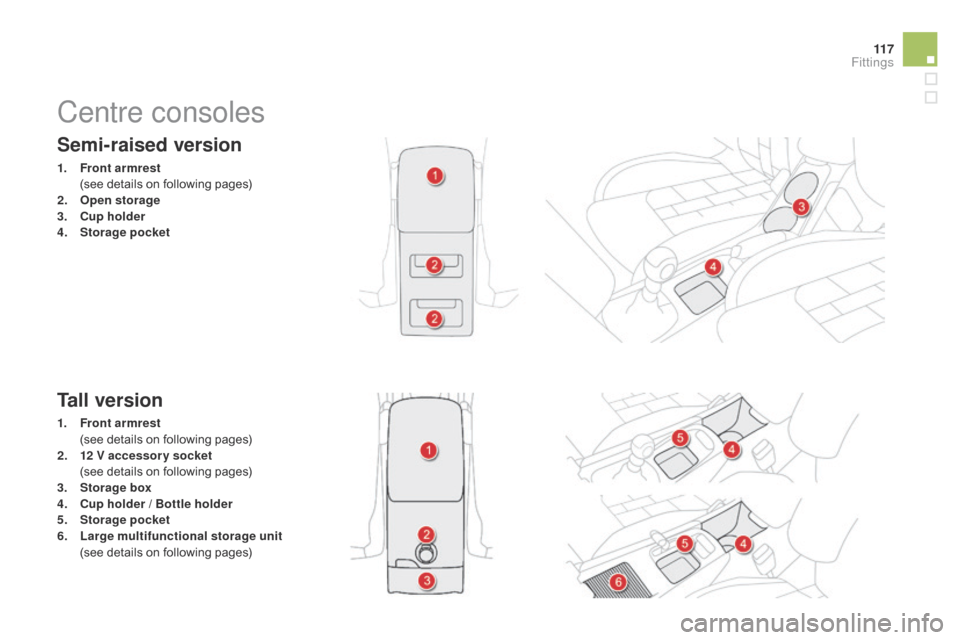 Citroen DS4 RHD 2014.5 1.G Owners Manual 11 7
Semi-raised version
1. Front armrest  (
see details on following pages)
2.
 O

pen storage
3.
 C

up holder
4.
 Sto

rage pocket
Tall version
1. Front armrest   (
see details on following pages)

