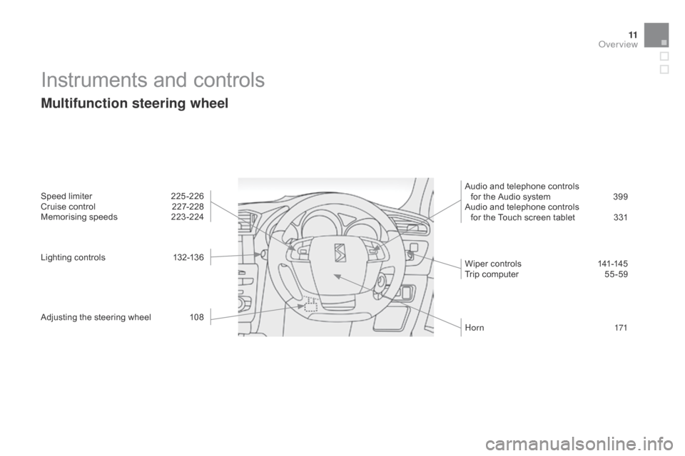 Citroen DS4 RHD 2014.5 1.G Owners Manual 11
Instruments and controls
Multifunction steering wheel
Speed limiter 225-226
Cruise control  2 27-228
Memorising speeds
 
2
 23 -224
Lighting controls
 
1
 32-136
Adjusting the steering wheel
 
1
 0