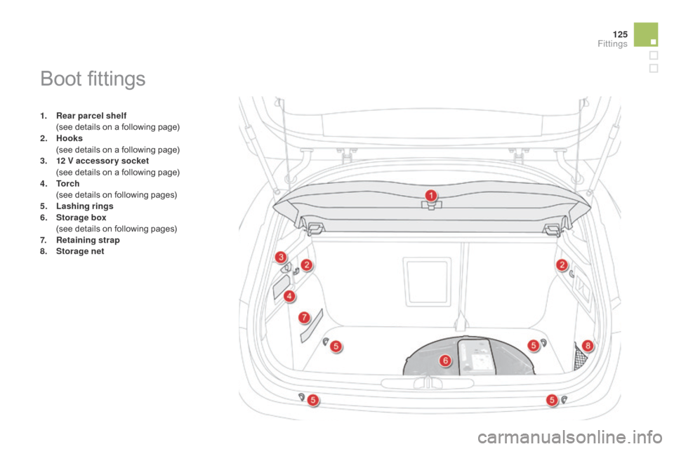 Citroen DS4 RHD 2014.5 1.G Owners Manual 125
1. Rear parcel shelf (see details on a following page)
2.
 Hoo

ks
 (

see details on a following page)
3.
 1

2 V accessory socket
 (

see details on a following page)
4.
 T

o r c h
 (

see deta