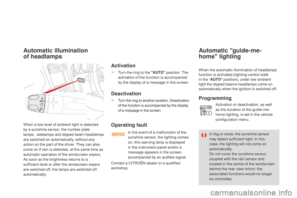 Citroen DS4 RHD 2014.5 1.G Owners Guide When a low level of ambient light is detected 
by a sunshine sensor, the number plate 
lamps, 
 s
idelamps and dipped beam headlamps 
are switched on automatically, without any 
action on the part of 