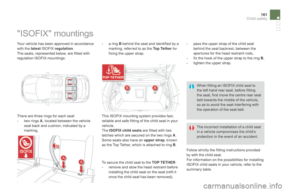 Citroen DS4 RHD 2014.5 1.G Owners Manual 161
Your vehicle has been approved in accordance 
with the latest ISOFIX regulation .
The seats, represented below, are fitted with 
regulation ISOFIX mountings:
"ISOFIX" mountings
There are three rin