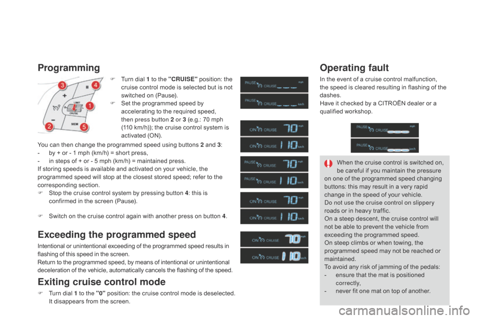 Citroen DS4 RHD 2014.5 1.G Owners Guide Programming
F Turn dial 1 to the "CRUISE" position: the 
cruise control mode is selected but is not 
switched on (Pause).
F
 
S
 et the programmed speed by 
accelerating to the required speed, 
then p