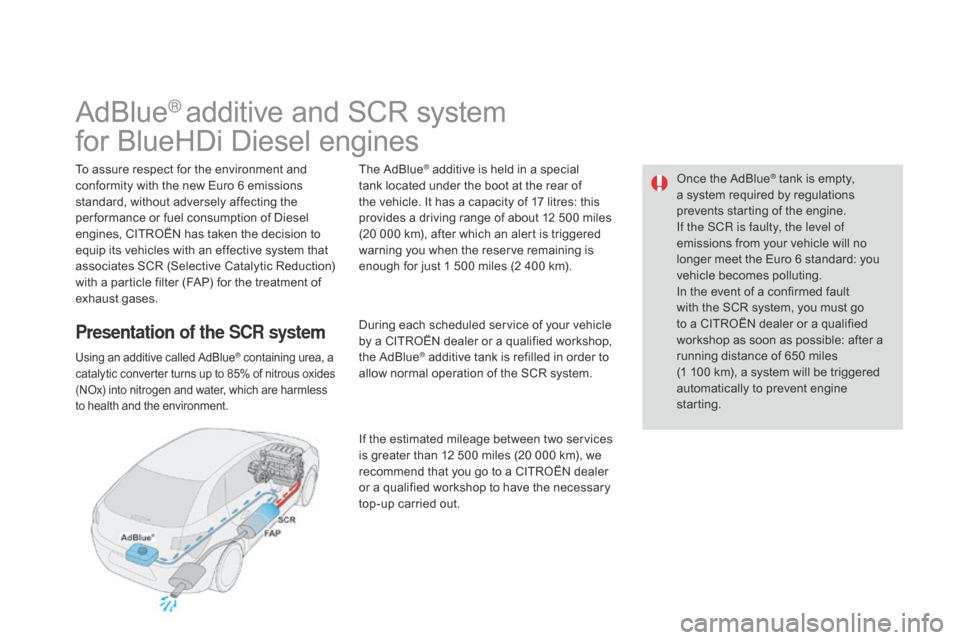 Citroen DS4 RHD 2014.5 1.G Owners Guide Once the AdBlue® tank is empty, 
a s
ystem required by regulations 
prevents starting of the engine.
If the SCR
 
is faulty, the level of 
emissions from your vehicle will no 
longer meet the Euro 6 