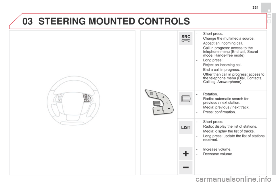 Citroen DS4 RHD 2014.5 1.G Owners Manual 03
331
STEERING MOUNTED CONTROLS
- Short press:
 Change the multimedia source.
 Accept an incoming call.
 Call in progress: access to the 
telephone menu (End call, Secret 
mode, Hands-free mode).
-

