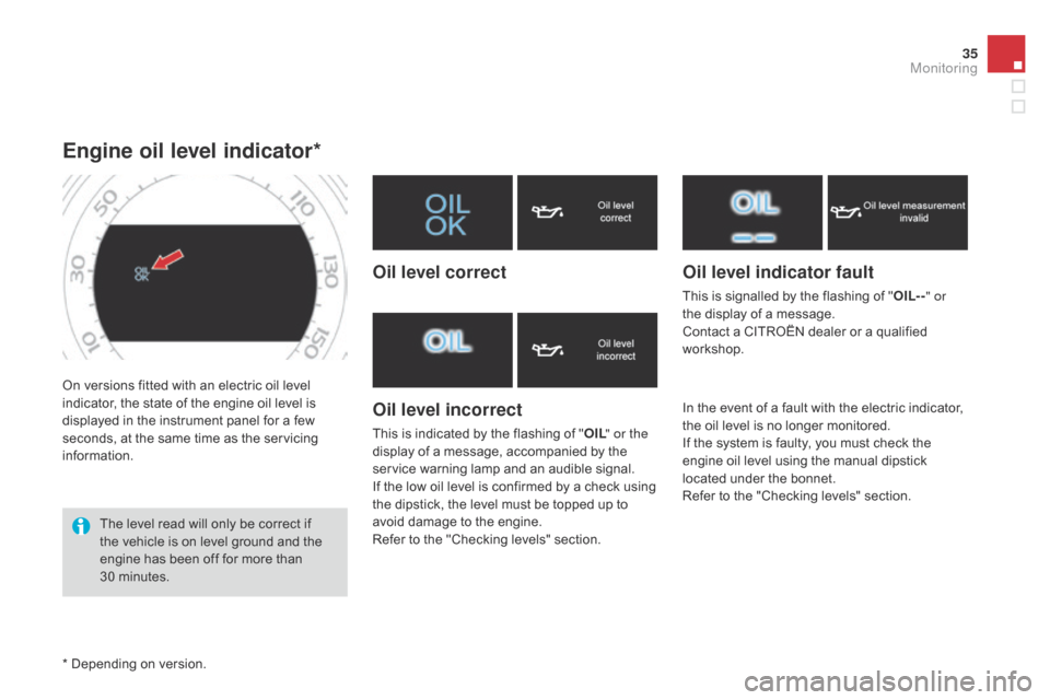 Citroen DS4 RHD 2014.5 1.G Owners Manual 35
On versions fitted with an electric oil level 
indicator, the state of the engine oil level is 
displayed in the instrument panel for a few 
seconds, at the same time as the servicing 
information.