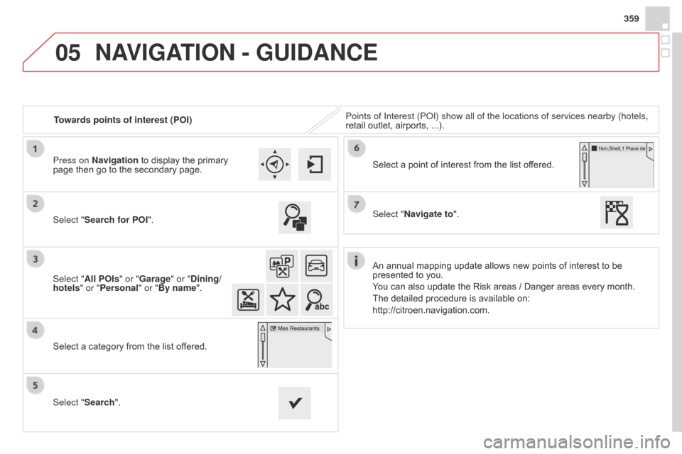Citroen DS4 RHD 2014.5 1.G Owners Manual 05
359
Towards points of interest (POI) Points of Interest (POI) show all of the locations of services nearby \
(hotels, 
retail outlet, airports, ...).
Select "Search for POI".
Select "All POIs" or "