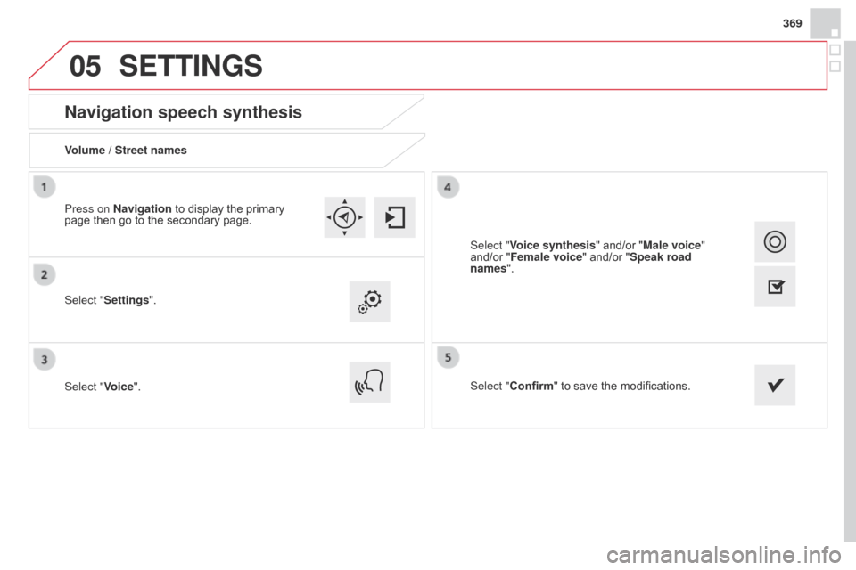 Citroen DS4 RHD 2014.5 1.G Owners Manual 05
369
Navigation speech synthesis
Volume / Street names
Select "Settings".
Select "Voice".Select "Confirm" to save the modifications.
Press on Navigation to display the primary
page then go to the s Citroen DS4 RHD 2014.5 1.G Owners Manual 05
369
Navigation speech synthesis
Volume / Street names
Select "Settings".
Select "Voice".Select "Confirm" to save the modifications.
Press on Navigation to display the primary
page then go to the s