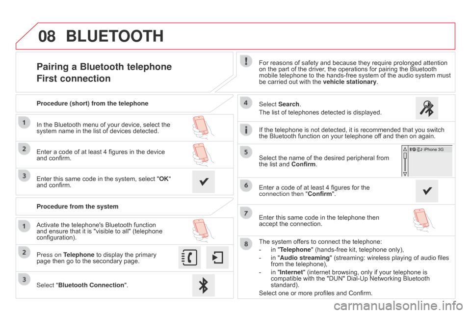 Citroen DS4 RHD 2014.5 1.G Owners Manual 08
Pairing a Bluetooth telephone
First connectionFor reasons of safety and because they require prolonged attention 
on the part of the driver, the operations for pairing the Bluetooth 
mobile telepho