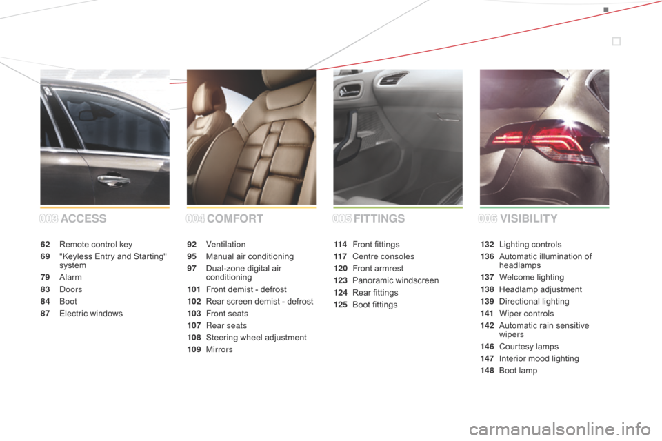 Citroen DS4 RHD 2014.5 1.G Owners Manual COMFORT
ACCESS
62 Remote control key
69
 "

Keyless Entry and Starting" 
system
79
 A

larm
83
 

Doors
84
 

Boot
87
 E

lectric windows 92 V
entilation
95
 M

anual air conditioning
97
 D

ual-zone 