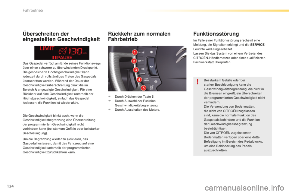 CITROEN C5 2016 Betriebsanleitungen (in German) 124
C5_de_Chap04_conduite_ed01-2015
Das Gaspedal ver fügt am Ende seines Funktionswegs
über einen schwerer zu über windenden Druckpunkt.
Die gespeicher te Höchstgeschwindigkeit kann
jederzeit d CITROEN C5 2016 Betriebsanleitungen (in German) 124
C5_de_Chap04_conduite_ed01-2015
Das Gaspedal ver fügt am Ende seines Funktionswegs
über einen schwerer zu über windenden Druckpunkt.
Die gespeicher te Höchstgeschwindigkeit kann
jederzeit d