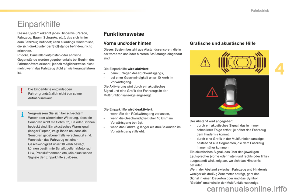 CITROEN C5 2016 Betriebsanleitungen (in German) 131
C5_de_Chap04_conduite_ed01-2015
einparkhilfe
Funktionsweise
die einparkhilfe entbindet den
Fahrer grundsätzlich nicht von seiner
Aufmerksamkeit.
Dieses System erkennt jedes Hindernis (Person,
CITROEN C5 2016 Betriebsanleitungen (in German) 131
C5_de_Chap04_conduite_ed01-2015
einparkhilfe
Funktionsweise
die einparkhilfe entbindet den
Fahrer grundsätzlich nicht von seiner
Aufmerksamkeit.
Dieses System erkennt jedes Hindernis (Person,
