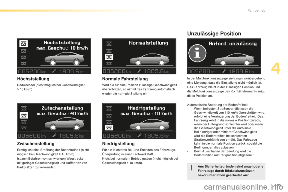 CITROEN C5 2016 Betriebsanleitungen (in German) 135
C5_de_Chap04_conduite_ed01-2015
Unzulässige Position
In der Multifunktionsanzeige sieht man vorübergehend
eine Meldung, dass die Einstellung nicht möglich ist.
Das Fahrzeug bleibt in der zulä CITROEN C5 2016 Betriebsanleitungen (in German) 135
C5_de_Chap04_conduite_ed01-2015
Unzulässige Position
In der Multifunktionsanzeige sieht man vorübergehend
eine Meldung, dass die Einstellung nicht möglich ist.
Das Fahrzeug bleibt in der zulä