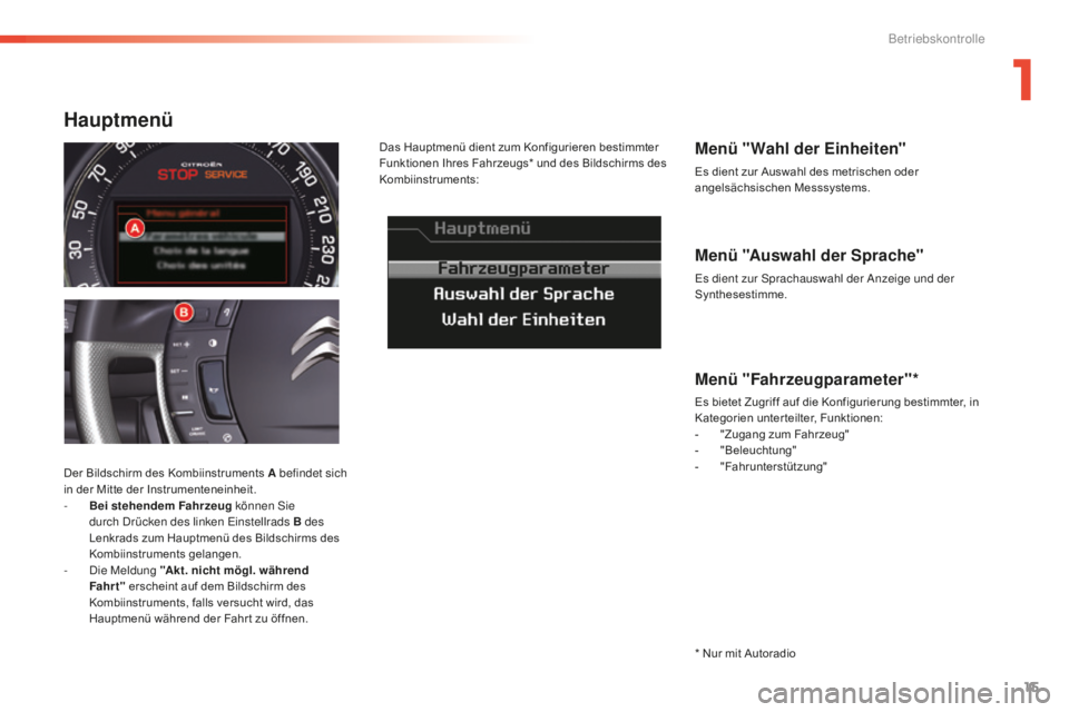 CITROEN C5 2016  Betriebsanleitungen (in German) 15
C5_de_Chap01_controle-de-marche_ed01-2015
Menü "Auswahl der Sprache"
es dient zur sp rachauswahl der  an zeige und der 
Synthesestimme.
Menü "Wahl der Einheiten"
Es dient zur Ausw