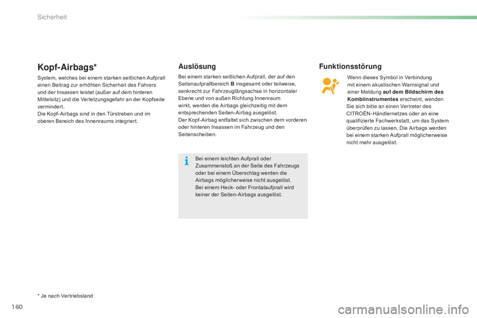 CITROEN C5 2016  Betriebsanleitungen (in German) 160
C5_de_Chap06_securite_ed01-2015
Funktionsstörung
Wenn dieses Symbol in Verbindung 
mit einem akustischen Warnsignal und 
einer Meldung auf dem Bildschirm des 
Kombiinstrumentes erscheint, wenden 