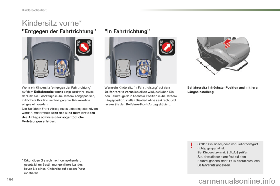 CITROEN C5 2016  Betriebsanleitungen (in German) 164
C5_de_Chap07_securite-enfant_ed01-2015
"Entgegen der Fahrtrichtung" "In Fahrtrichtung"
Kindersitz vorne*
stellen sie sicher, dass der  sic herheitsgurt 
richtig gespannt ist.
Bei K