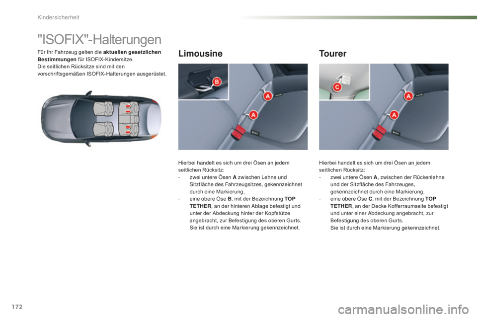 CITROEN C5 2016  Betriebsanleitungen (in German) 172
C5_de_Chap07_securite-enfant_ed01-2015
"ISOFIX"-Halterungen
Für ihr Fahrzeug gelten die aktuellen gesetzlichen 
Bestimmungen für ISOFIX-Kindersitze.
Die seitlichen Rücksitze sind mit de