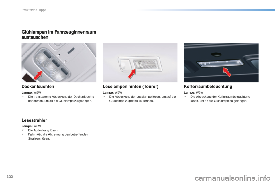 CITROEN C5 2016 Betriebsanleitungen (in German) 202
C5_de_Chap08_information_ed01-2015
Glühlampen im Fahrzeuginnenraum
austauschen
Deckenleuchten
Lampe: W5W
F di e transparente ab deckung der de ckenleuchte
abnehmen, um an die Glühlampe zu CITROEN C5 2016 Betriebsanleitungen (in German) 202
C5_de_Chap08_information_ed01-2015
Glühlampen im Fahrzeuginnenraum
austauschen
Deckenleuchten
Lampe: W5W
F di e transparente ab deckung der de ckenleuchte
abnehmen, um an die Glühlampe zu