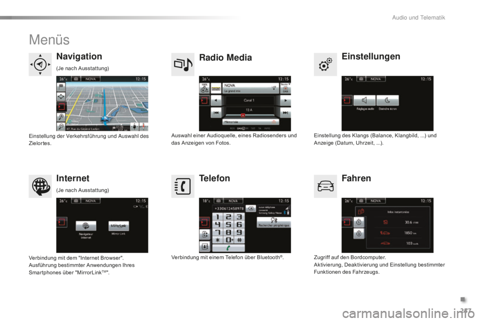 CITROEN C5 2016  Betriebsanleitungen (in German) 257
C5_de_Chap11b_sMegplus_ed01-2015
Menüs
Einstellungen
Radio Media
Navigation
Fahren
Internet Telefon
Einstellung des Klangs (Balance, Klangbild, ...) und 
Anzeige (Datum, Uhrzeit, ...).
Auswahl ei