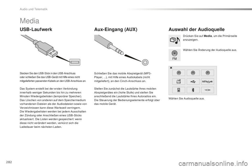 CITROEN C5 2016 Betriebsanleitungen (in German) 282
C5_de_Chap11b_sMegplus_ed01-2015
Media
USB-LaufwerkAuswahl der Audioquelle
Wählen Sie Änderung der Audioquelle aus.
dr
ücken s
i
e auf Media
, um die Primärseite
anzuzeigen.
Das System erst CITROEN C5 2016 Betriebsanleitungen (in German) 282
C5_de_Chap11b_sMegplus_ed01-2015
Media
USB-LaufwerkAuswahl der Audioquelle
Wählen Sie Änderung der Audioquelle aus.
dr
ücken s
i
e auf Media
, um die Primärseite
anzuzeigen.
Das System erst