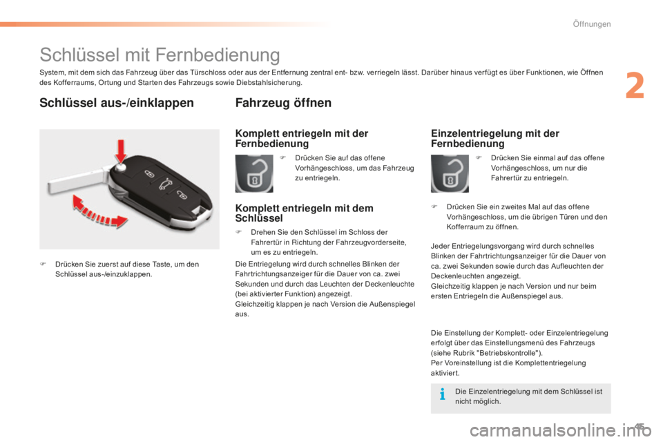 CITROEN C5 2016  Betriebsanleitungen (in German) 45
C5_de_Chap02_ouverture_ed01-2015
Schlüssel mit Fernbedienung
System, mit dem sich das Fahrzeug über das Türschloss oder aus der Entfernung zentral ent- bzw. verriegeln lässt. Darüber hinaus ve