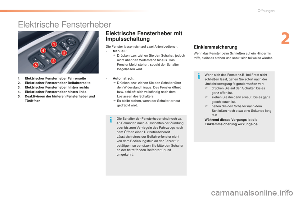 CITROEN C5 2016 Betriebsanleitungen (in German) 53
C5_de_Chap02_ouverture_ed01-2015
elektrische Fensterheber
1. Elektrischer Fensterheber Fahrerseite
2. E lektrischer Fensterheber Beifahrerseite
3.
E
lektrischer Fensterheber hinten rechts
4.
E
CITROEN C5 2016 Betriebsanleitungen (in German) 53
C5_de_Chap02_ouverture_ed01-2015
elektrische Fensterheber
1. Elektrischer Fensterheber Fahrerseite
2. E lektrischer Fensterheber Beifahrerseite
3.
E
lektrischer Fensterheber hinten rechts
4.
E