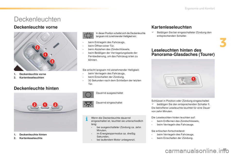 CITROEN C5 2016  Betriebsanleitungen (in German) 83
C5_de_Chap03_ergo-et-confort_ed01-2015
Kartenleseleuchten
F Betätigen si e bei eingeschalteter Zündung den 
entsprechenden Schalter.
Leseleuchten hinten des 
Panorama-Glasdaches (Tourer)
Schlüss