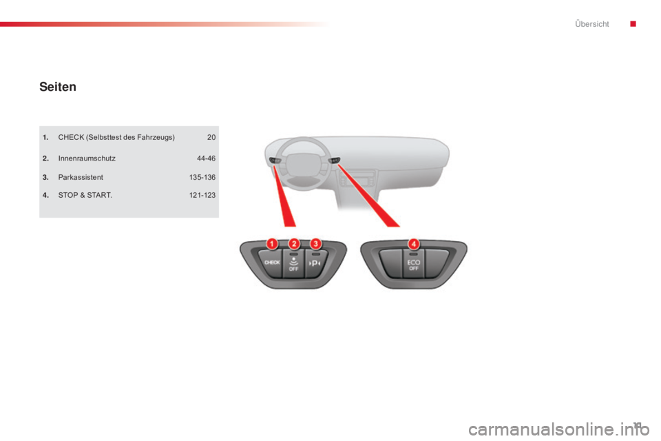 CITROEN C5 2015 Betriebsanleitungen (in German) 11
C5_de_Chap00b_vue-ensemble_ed01-2014
Seiten
1. CHECK (Selbsttest des Fahrzeugs)
2.
In
nenraumschutz
3.
P
arkassistent
4.
S
TOP & START. 20
121-123 44-46
135-136
.
Übersicht CITROEN C5 2015 Betriebsanleitungen (in German) 11
C5_de_Chap00b_vue-ensemble_ed01-2014
Seiten
1. CHECK (Selbsttest des Fahrzeugs)
2.
In
nenraumschutz
3.
P
arkassistent
4.
S
TOP & START. 20
121-123 44-46
135-136
.
Übersicht