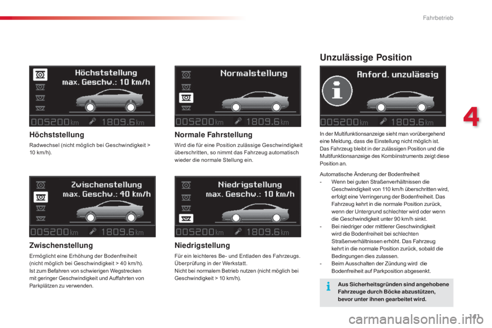 CITROEN C5 2015 Betriebsanleitungen (in German) 141
C5_de_Chap04_conduite_ed01-2014
Unzulässige Position
In der Multifunktionsanzeige sieht man vorübergehend
eine Meldung, dass die Einstellung nicht möglich ist.
Das Fahrzeug bleibt in der zulä CITROEN C5 2015 Betriebsanleitungen (in German) 141
C5_de_Chap04_conduite_ed01-2014
Unzulässige Position
In der Multifunktionsanzeige sieht man vorübergehend
eine Meldung, dass die Einstellung nicht möglich ist.
Das Fahrzeug bleibt in der zulä