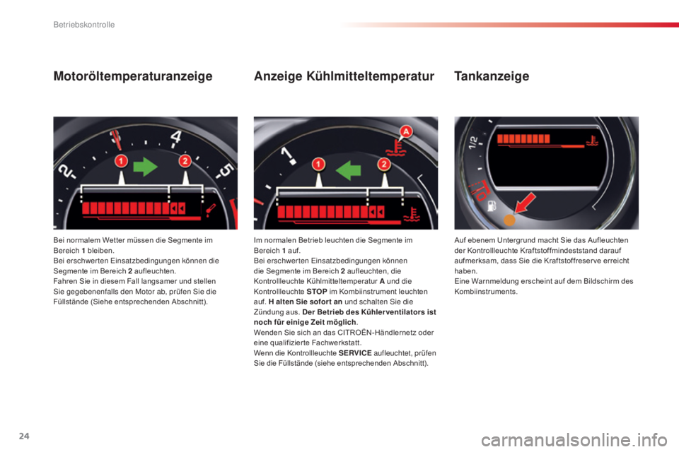 CITROEN C5 2015  Betriebsanleitungen (in German) 24
C5_de_Chap01_controle-de-marche_ed01-2014
Motoröltemperaturanzeige
Bei normalem Wetter müssen die Segmente im 
Bereich 1  bleiben.
Bei erschwerten 
e
i
 nsatzbedingungen können die 
Segmente im 
