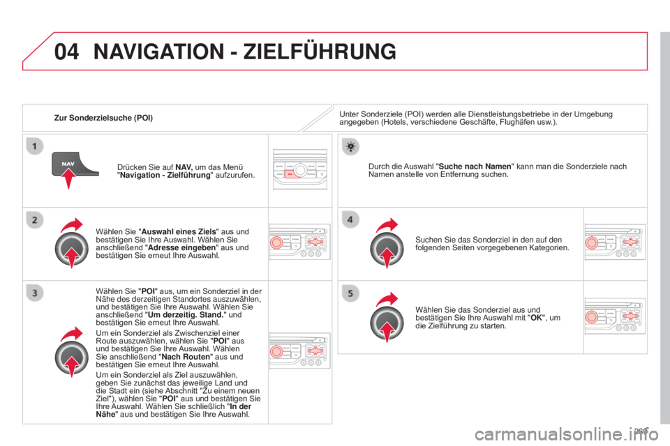 CITROEN C5 2015 Betriebsanleitungen (in German) 04
269
C5_de_Chap11b_RT6-2-8_ed01-2014
Zur Sonderzielsuche (POI)Unter Sonderziele (POI) werden alle Dienstleistungsbetriebe in der Umgebung
angegeben (Hotels, verschiedene Geschäfte, Flughäfen usw. CITROEN C5 2015 Betriebsanleitungen (in German) 04
269
C5_de_Chap11b_RT6-2-8_ed01-2014
Zur Sonderzielsuche (POI)Unter Sonderziele (POI) werden alle Dienstleistungsbetriebe in der Umgebung
angegeben (Hotels, verschiedene Geschäfte, Flughäfen usw.
