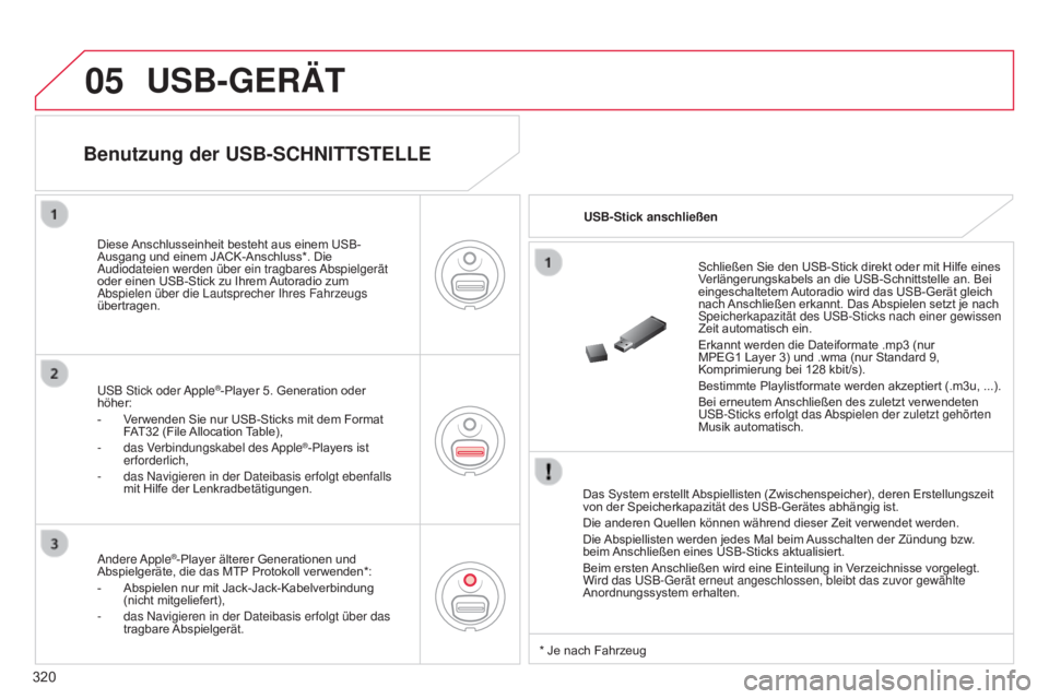 CITROEN C5 2015 Betriebsanleitungen (in German) 05
320
C5_de_Chap11c_RD45_ed01_2014
USB-GERäT
Das System erstellt Abspiellisten (Zwischenspeicher), deren Erstellungszeit
von der Speicherkapazität des USB-Gerätes abhängig ist.
Die anderen Quell CITROEN C5 2015 Betriebsanleitungen (in German) 05
320
C5_de_Chap11c_RD45_ed01_2014
USB-GERäT
Das System erstellt Abspiellisten (Zwischenspeicher), deren Erstellungszeit
von der Speicherkapazität des USB-Gerätes abhängig ist.
Die anderen Quell