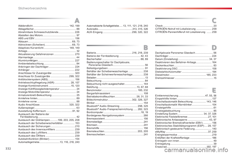 CITROEN C5 2015  Betriebsanleitungen (in German) 332
C5_de_Chap12_index-alpha_ed01-2014
abblendlicht ................................................... 142, 199abl
agefächer ............................................................ 88
A
bnehmba